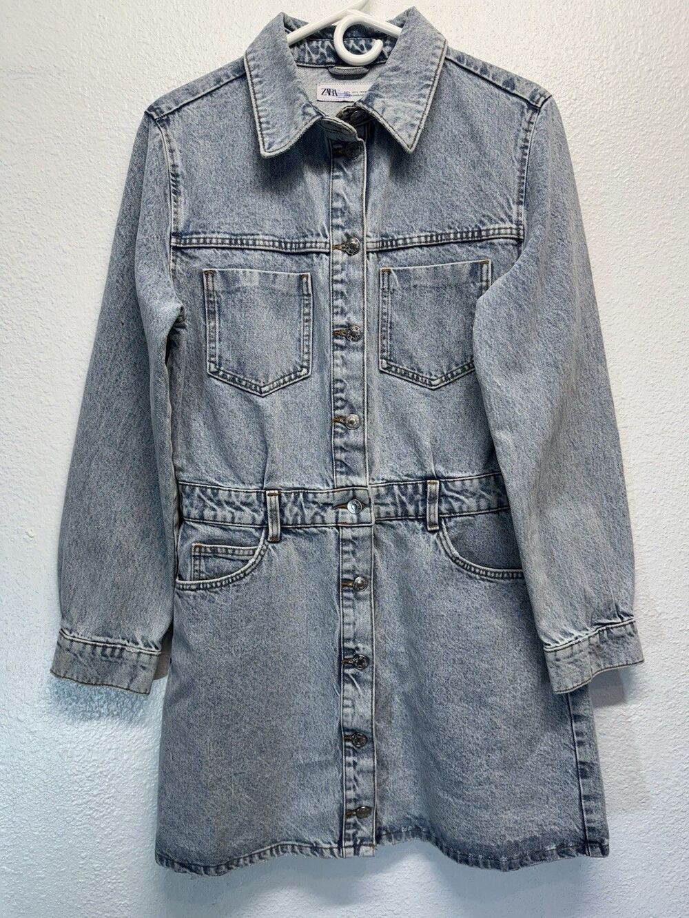 ZARA Denim Long Sleeve Button Up Jean Mini Dress Sz L Light Blue Wash w/ Pockets